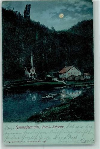 Stempfermühle 1902 Teich Ruderboot Felsen Mondschein