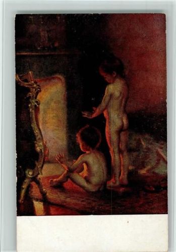 Nr. 3 nackte Kinder vor einem Kamin - Paul Peel "Nach dem Bade", gute Erhaltung AK