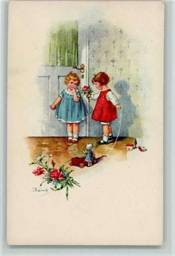 1932 Mädchen - Gratulantin mit Blumen, Puppe AK