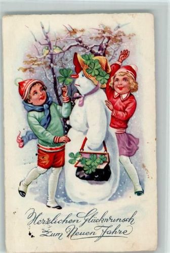 Neujahr - Schneemann mit Kleeblättern geschmückt