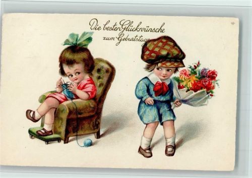1929 Geburtstag - Kinder Gratulanten, Mädchen mit Fußbank beim Stricken , gute Erhaltung AK