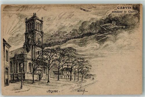 62220 Carvin 1915 Künstlerkarte l`Eglise Flugzeug sign. Ch
