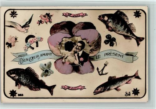 1912 Liebespaar und Fische AK