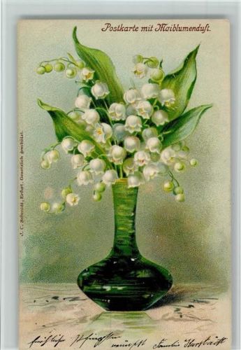 Blumenvase mit Maiglöckchen, Maiblumenduft Duftkarte 1902