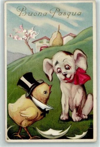 1927 Buona Pasqua Ostern Küken und Hund vermenschlicht