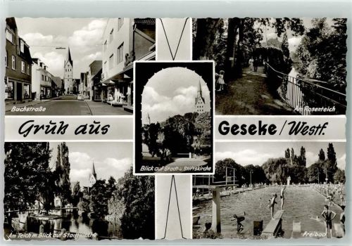 59590 W4787 Geseke Foto AK Bachstraße Stadtkirche Stiftskirche Rosenteich Freibad