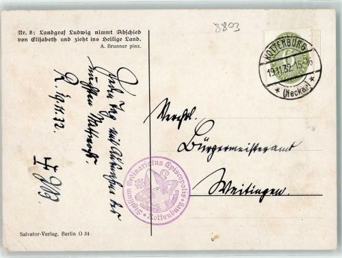 Rottenburg Einzel-Frankatur Nr 8 Landgraf Ludwig Abschied Elisabeth sign A. Brunner Ort handschriftlich Stempel Sigillum Ordinarictus Episcopalis