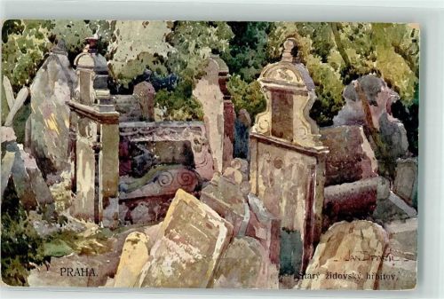 Prag 1916 Aquarell Alter jüdischer Friedhof sign. J.Spacila