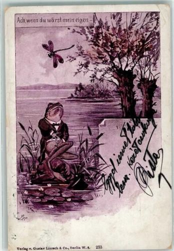 1900 Frosch vermenschlicht schaut der Libelle zu