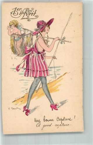 Frau mit einer Elfe im Angelkorb sign. C. Santini Aquarelles feminines Nr. 3,033 1. April Künstlerkarte