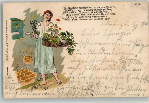 1900 sign. Kleinhempel Junge Frau am Briefkasten mit Blumenkorb No. 712