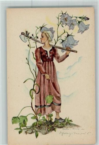 Nr. 1054 sign Anna Maria Schwarz Torino - Frau mit Gartenharke - Kunstverlag Michel Blütenbild Künstlerkarte