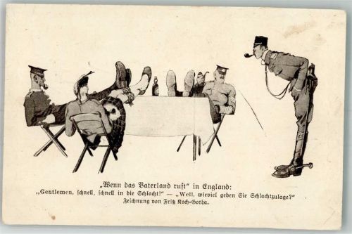 1917 sign. Koch, Fritz Englischer Offizier bittet die Gentlemen zur Schlacht Künstlerkarte Feldpost Res.-Inf.-Regt. 19