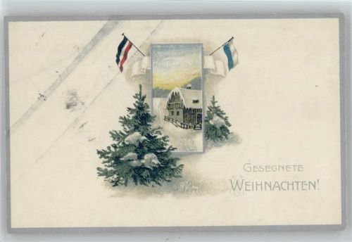 Weihnachten - Tannenbaum , Haus im Schnee und Fahnen Patriotik Fahne 1918