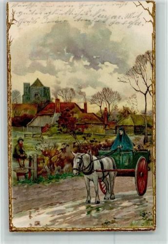Pferdegespann auf dem Dorf - Golddruck Umrandung als Äste AK Tiergespann 1902 Lithographie / Prägedruck