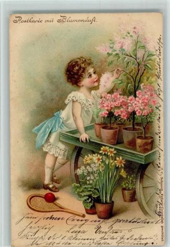 Blumenduft - Kind mit Blumentöpfe, Federballschläger Duftkarte