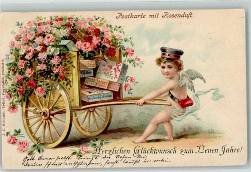 1902 Neujahr Amor als Briefträger Blumenkarre Rosenduft AK