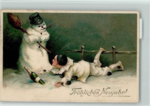 1909 Neujahr- Schneemann mit einem Pierrot AK