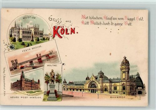 50667 W5021 Köln Altstadt-Süd 101 Lithographie Museum Feste Brücke Neues Postgebäude Moltke-Denkmal Bahnhof Mehrfachaufnahme