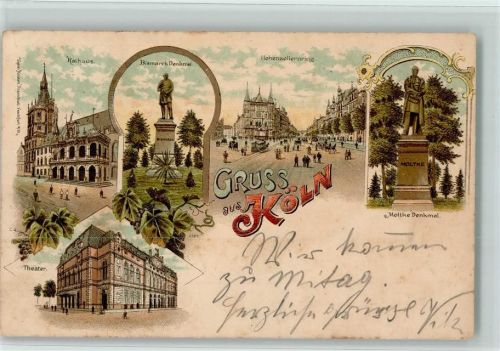 50667 W5021 Köln Altstadt-Süd 101 1899 Lithographie Rathaus Bismarck-Denkmal Hohenzollernring Moltke-Denkmal Theater Mehrfachaufnahme