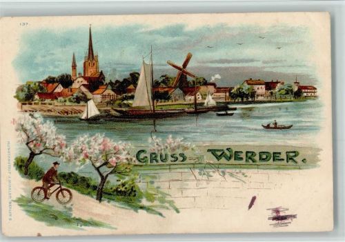 Werder Windmühle Segelboot Fahrradfahrer Baumblüte
