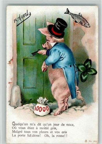 1913 vermenschlichtes Schwein mit einem Geldsack, Fisch AK