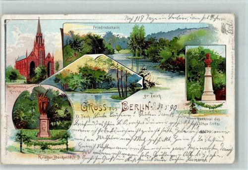 Friedrichshain Gruss aus - Litho - Kriegerdenkmal, Kunstverlag Goldiner