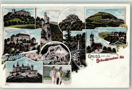 73033 W7320 Hohenstaufen Lithographie Schwäbische Alb Achalm Tübinger Schloss Hohenzollern Lichtenstein Neuffen Uracher Wasserfall Nebelhöhle Hohenstaufen Rechberg Teck