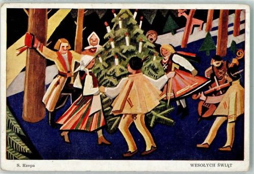 Wesolych Swiat Tannenbaum Tanz Musiker sign S. Rzepa