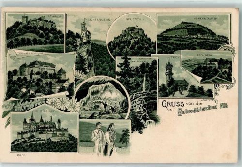 73033 W7320 Hohenstaufen 1903 Lithographie Schwäbische Alb Achalm Tübinger Schloss Hohenzollern Lichtenstein Neuffen Uracher Wasserfall Nebelhöhle Hohenstaufen Rechberg Teck