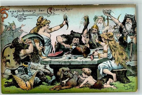 Siegesschmaus der Cherusker Braten Horn Hund sign Arth. Thiele