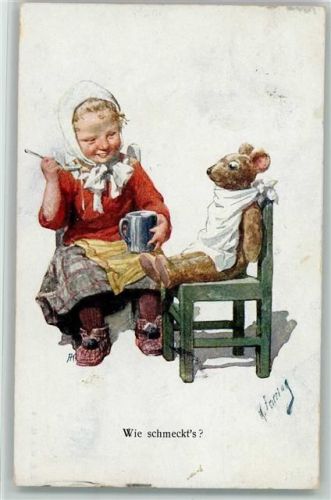 1924 Kind füttert ihren Teddy, sign Feiertag , AK
