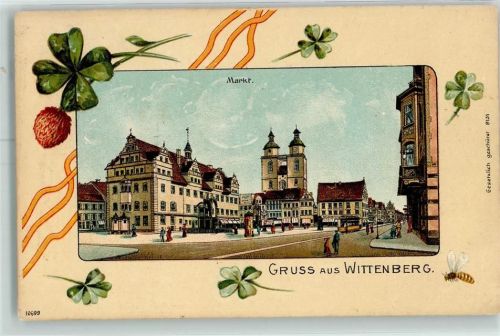 Lutherstadt Wittenberg Prägedruck Markt Litfaßsäule Vierblättriges Kleeblatt Biene Lithographie