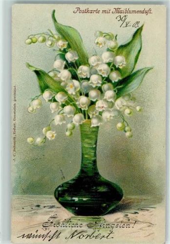 Pfingsten, Blumenvase, Meiglöckchenduft, Verlag Schmidt, Litho AK Duftkarte 1903 Gebrauchsspuren