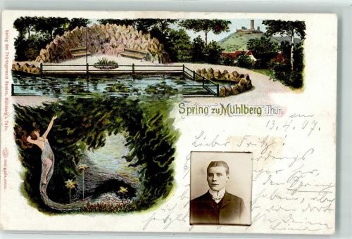 99869 O5801 Mühlberg b Gotha, Thür 1907 Lithographie OT Drei Gleichen Spring zu Mühlberg Karstquelle Portrait