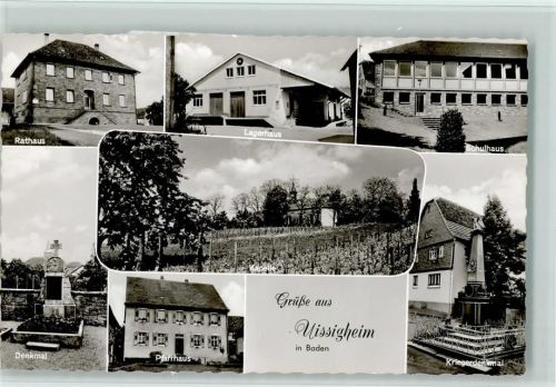 97900 W6987 Uissigheim Foto AK Kriegerdenkmal, Rathaus, Schule, Lagerhaus, sehr gute Erhaltung AK