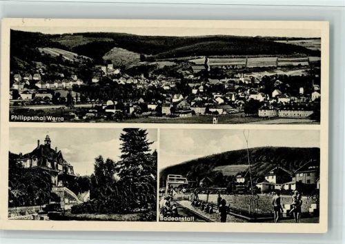 Philippsthal 1957 Rathaus, Schwimmbad, gute Erhaltung AK