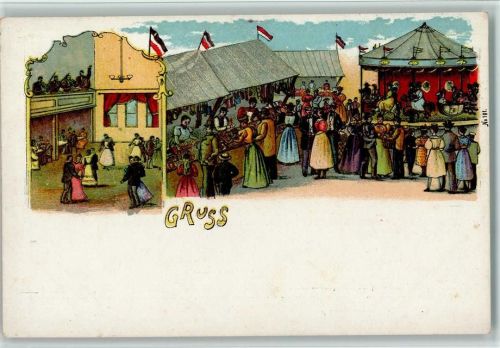 Gruss aus - Karussell, Buden, Tanzsaal AK Jahrmarkt 1909 Lithographie