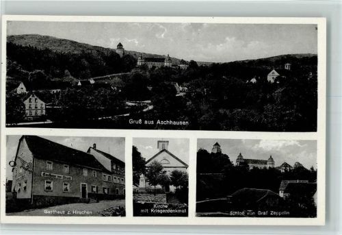 Aschhausen 1955 Gasthaus zum Hirschen, Schloß von Graf Zeppelin, Kriegerdenkmal AK