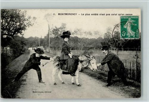Montmorency 1910 Frau reitet auf einem Esel, Le plus entete nest pas celui qu`on pense