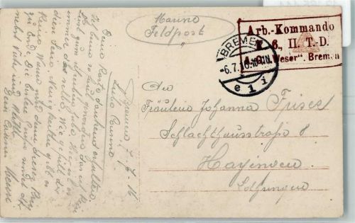 Kastenstempel Arb. Kommando K. 6 II T.D. A.G. "Weser" Bremen 6.7.16 Bild: Matrosenliebe