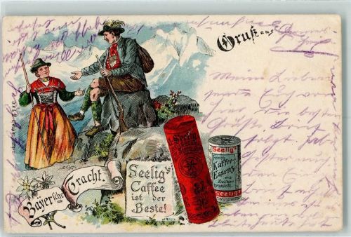 1899 Werbung Seelig Kaffee Lithographie Bayr. Trachten