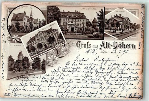 Döbern 1895 Lithographie Vorläufer Druck 1890-1895 Krankenhaus Gräfl. Schloss Bahnhof Königl. Seminar Kirche Alt-Döbern