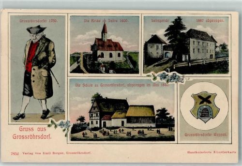 01900 O8501 Großröhrsdorf , OL 1907 - Tracht Wappen Kirche im Jahre 1600 Lehngericht Schule