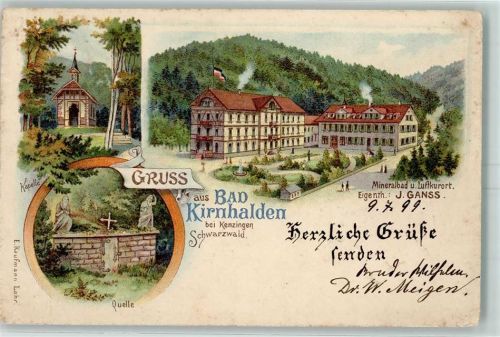 Bad Kirnhalden 1899 Kapelle Quelle Mineralbad und Luftkurort J. Ganss Lithographie