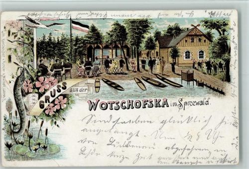 Lübbenau 1900 Gruss aus - Lithographie , Restaurant Wotschofska, Fisch Hecht, Seerosen