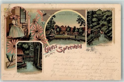 Lehde 1907 Gasthaus zum fröhlichen Hecht Spreewälderin Tracht Spinnrad Spreekahn Biene Lithographie