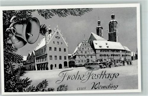 86650 W8853 Wemding - Marktplatz Marienbrunnen Reisebus Stadtpfarrkirche Glocke Tannenzweig Winter