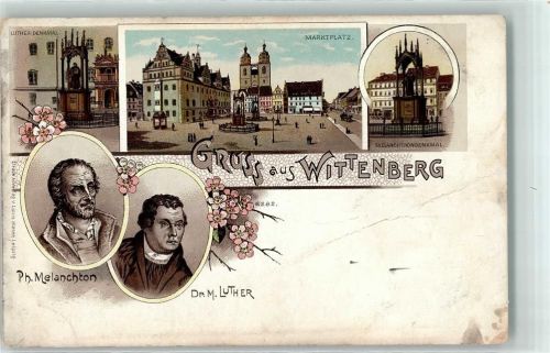Lutherstadt Wittenberg Marktplatz Luther-Denkmal Portrait Ph. Melanchton und Martin Luther Melachton-Denkmal Lithographie