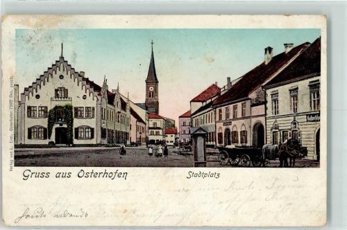 94486 W8353 Osterhofen , Niederbay 1902 AK mit Goldfenster Stadtplatz Kirche Kutsche